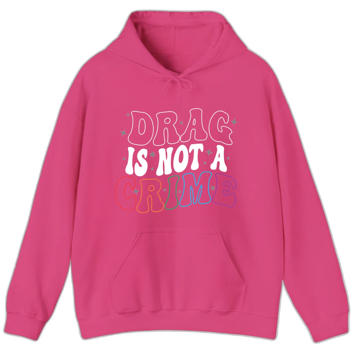 Drug is not a crime design with rainbow pride colored letters on gray background, promoting social justice and harm reduction advocacy in Heliconia