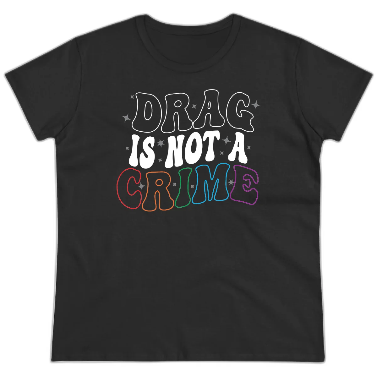 Drug is not a crime design with rainbow pride colored letters on gray background, promoting social justice and harm reduction advocacy in Black