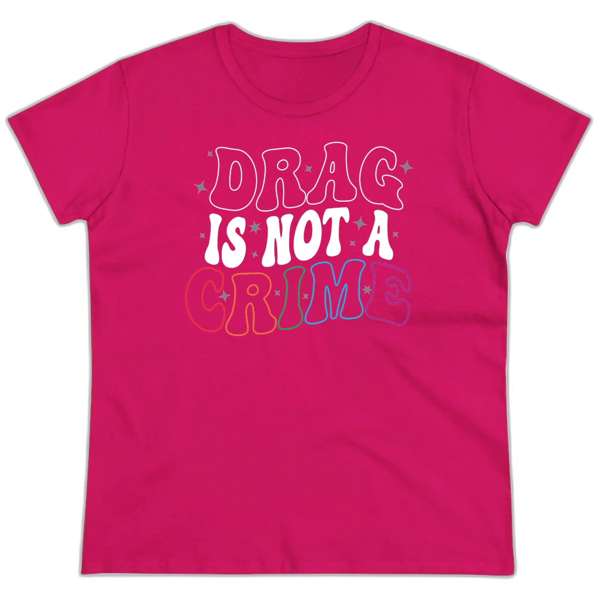 Drug is not a crime design with rainbow pride colored letters on gray background, promoting social justice and harm reduction advocacy in Heliconia