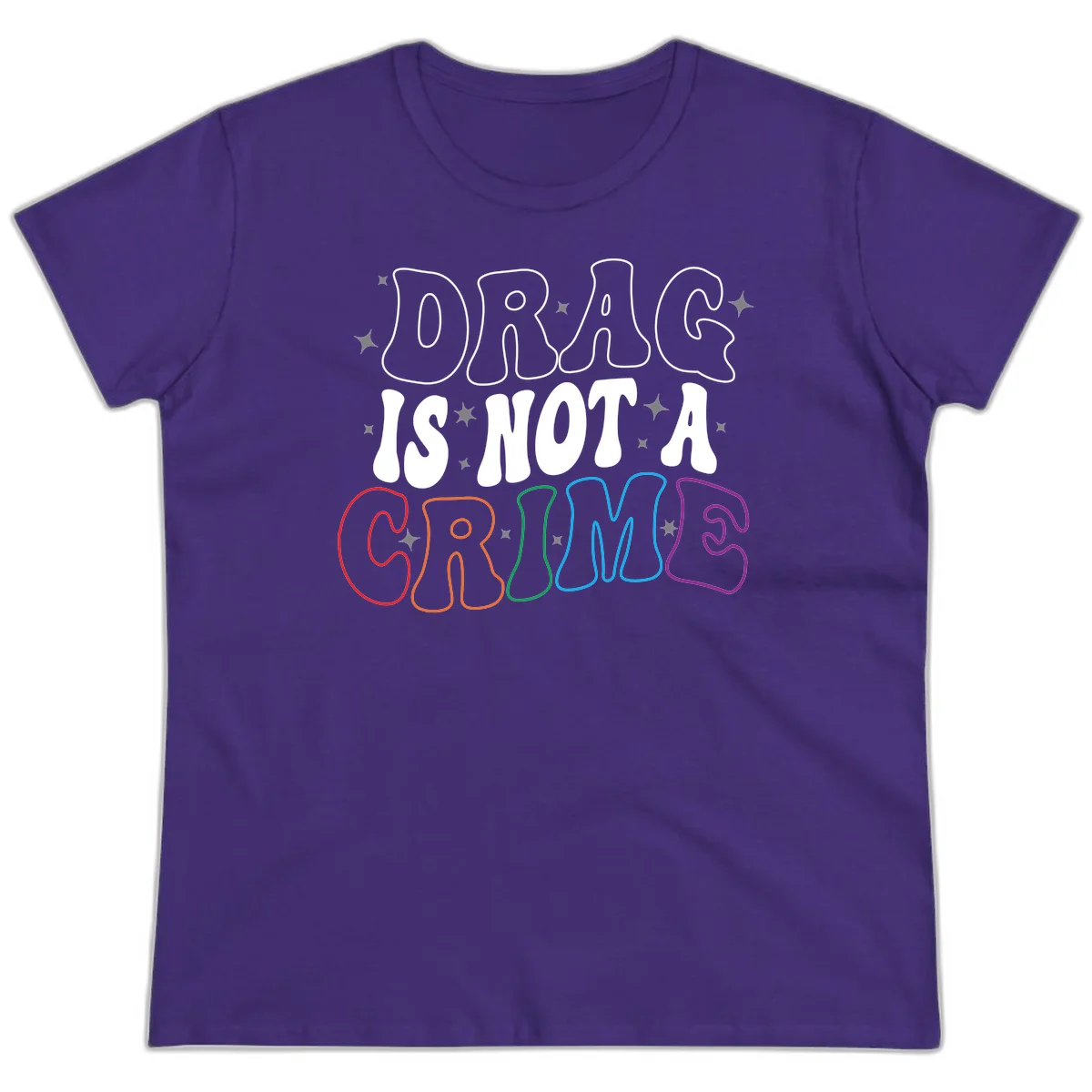Drug is not a crime design with rainbow pride colored letters on gray background, promoting social justice and harm reduction advocacy in Purple