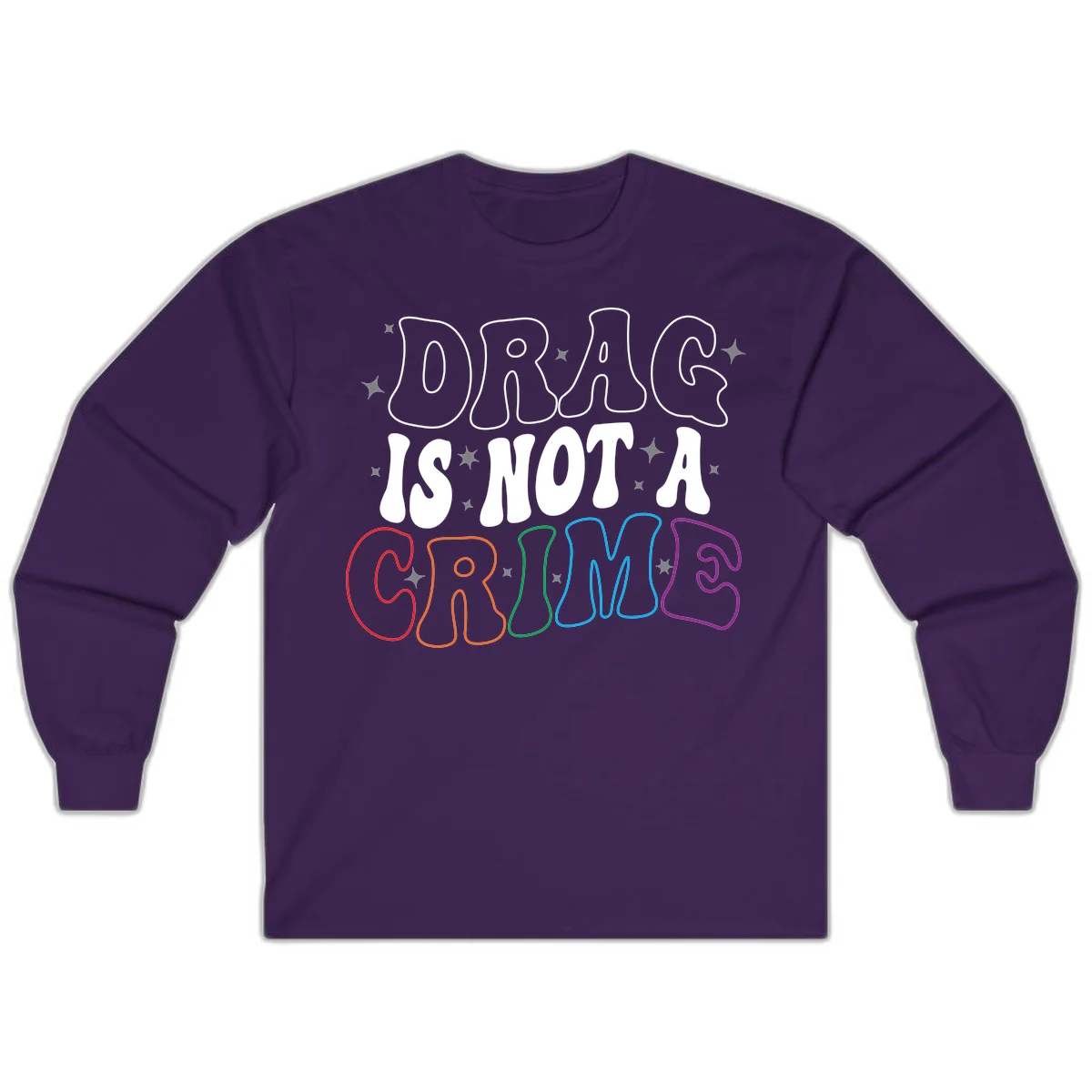 Drug is not a crime design with rainbow pride colored letters on gray background, promoting social justice and harm reduction advocacy in Purple