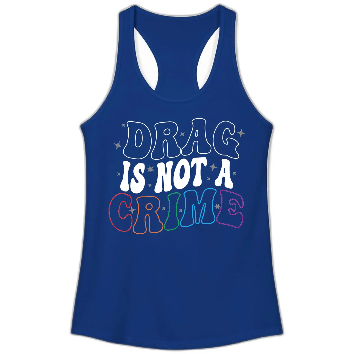 Drug is not a crime design with rainbow pride colored letters on gray background, promoting social justice and harm reduction advocacy in Solid Royal