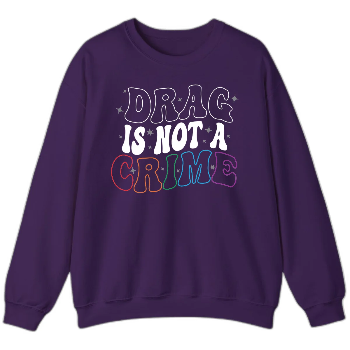 Drug is not a crime design with rainbow pride colored letters on gray background, promoting social justice and harm reduction advocacy in Purple