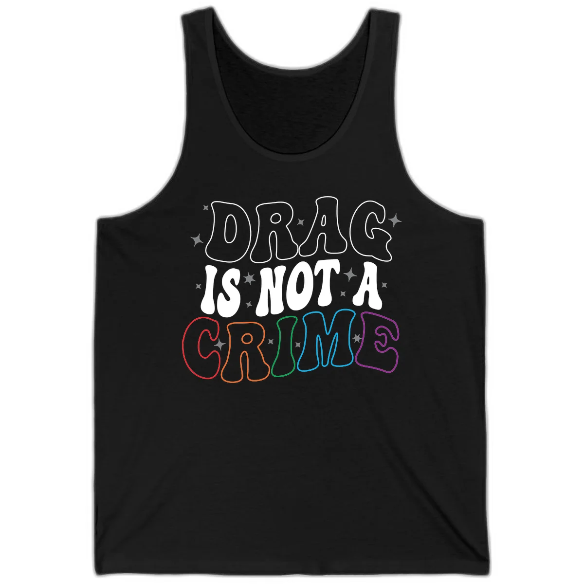 Drug is not a crime design with rainbow pride colored letters on gray background, promoting social justice and harm reduction advocacy in Black