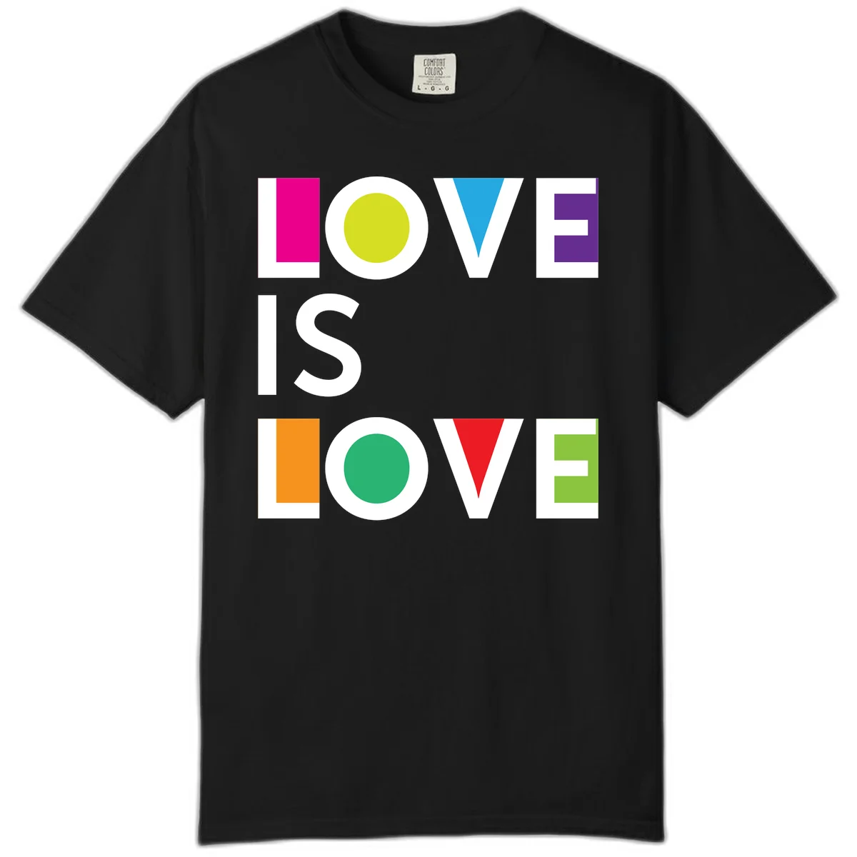 Love is love pride design featuring stacked text with colorful geometric shapes in rainbow colors on gray background in Black