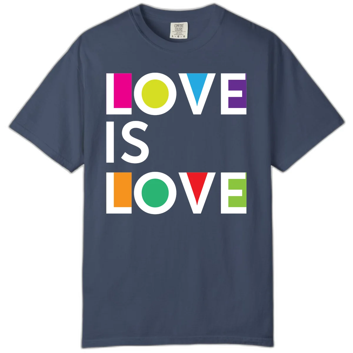 Love is love pride design featuring stacked text with colorful geometric shapes in rainbow colors on gray background in Midnight