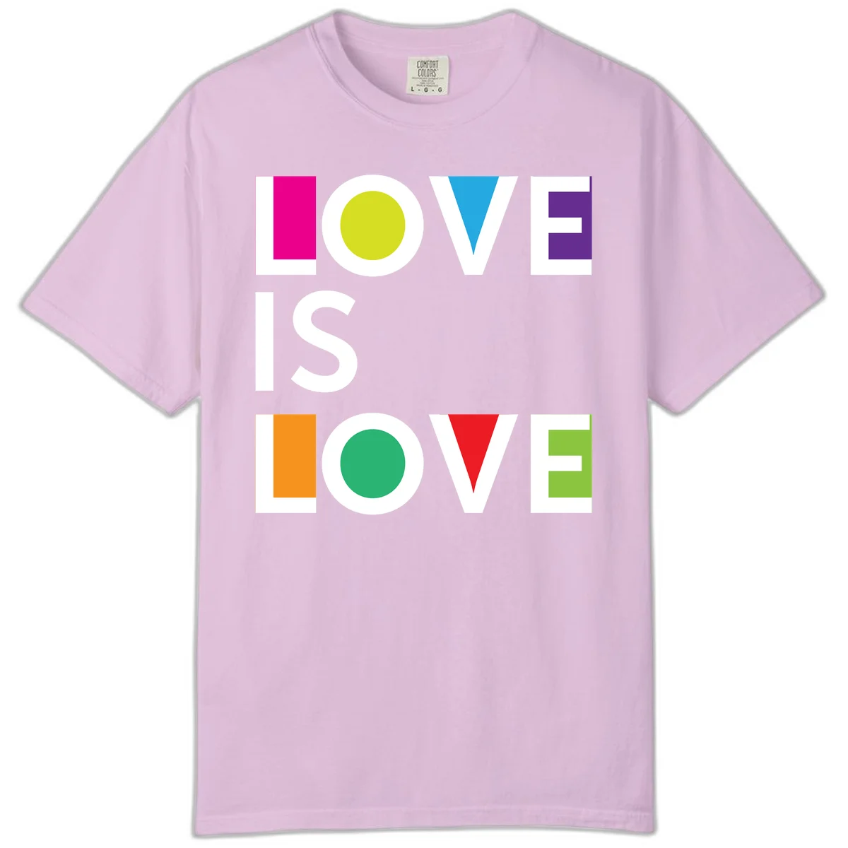 Love is love pride design featuring stacked text with colorful geometric shapes in rainbow colors on gray background in Orchid