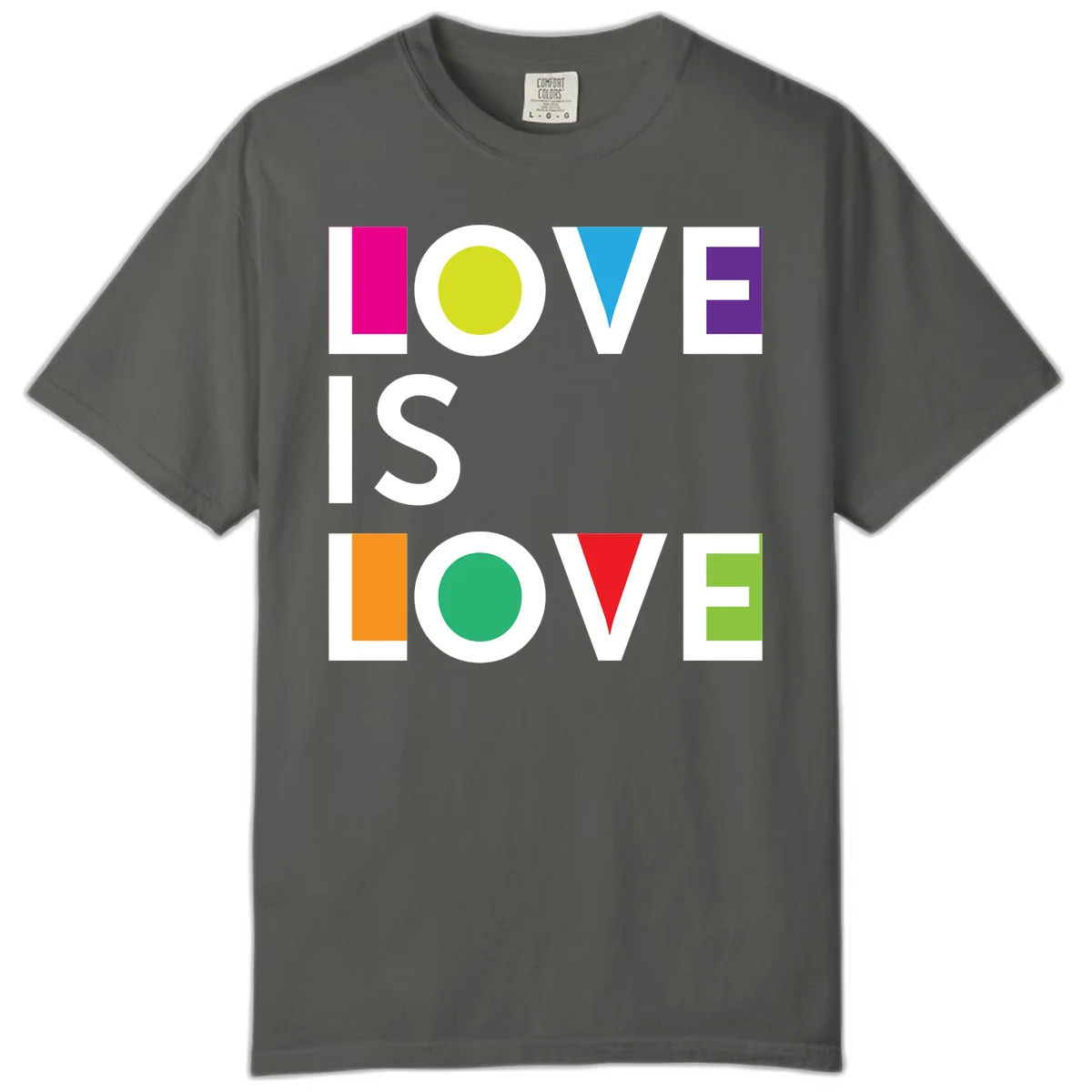 Love is love pride design featuring stacked text with colorful geometric shapes in rainbow colors on gray background in Pepper