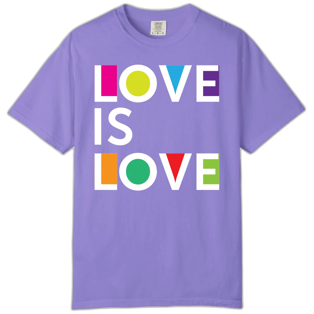 Love is love pride design featuring stacked text with colorful geometric shapes in rainbow colors on gray background in Violet