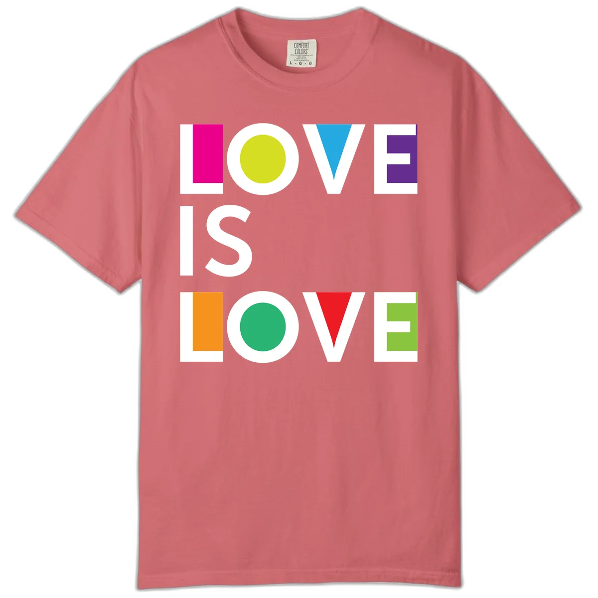 Love is love pride design featuring stacked text with colorful geometric shapes in rainbow colors on gray background in Watermelon