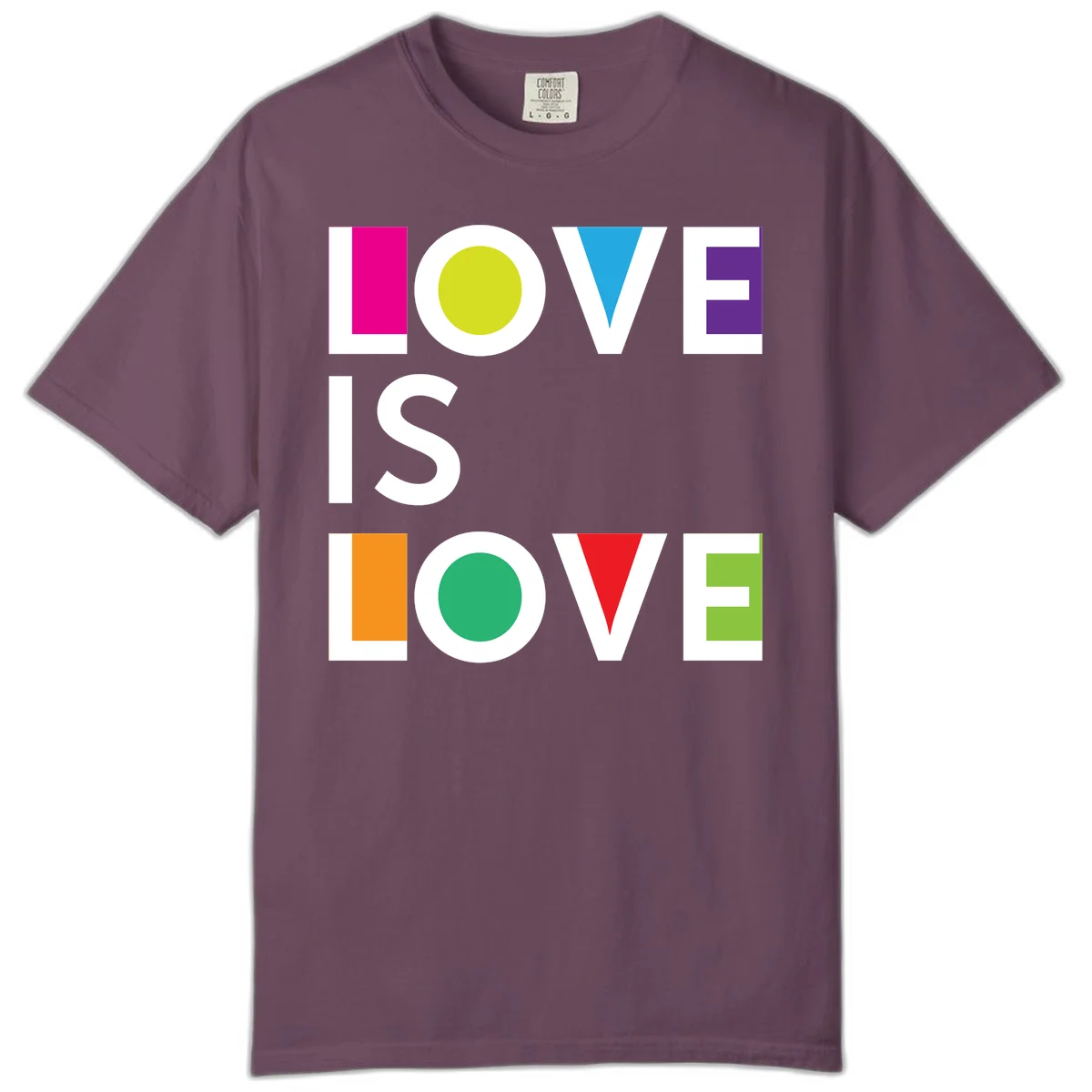 Love is love pride design featuring stacked text with colorful geometric shapes in rainbow colors on gray background in Berry