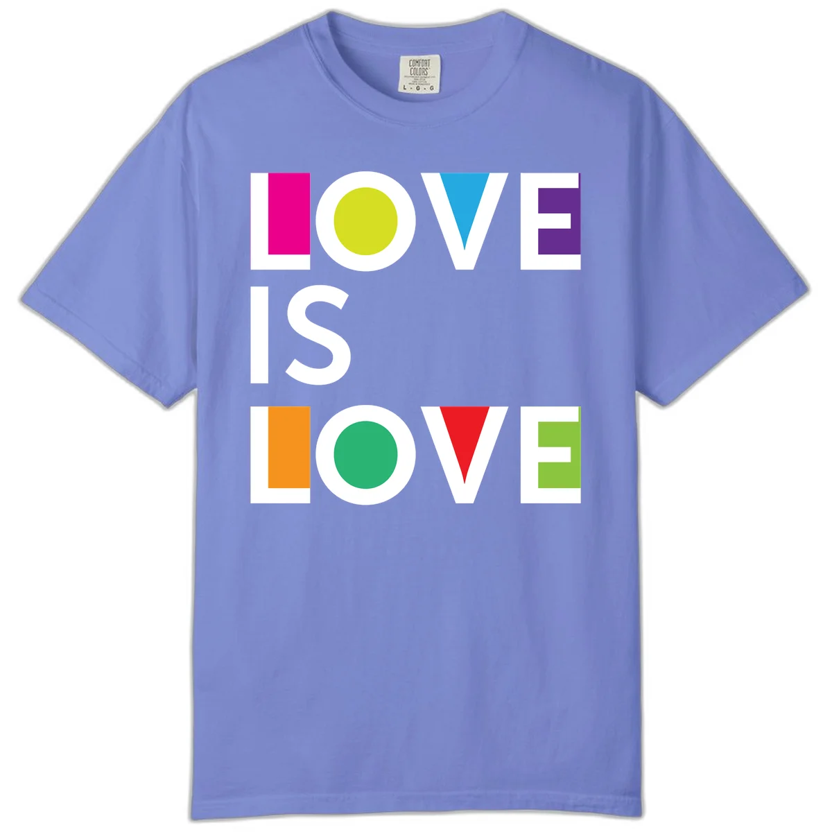 Love is love pride design featuring stacked text with colorful geometric shapes in rainbow colors on gray background in Flo Blue