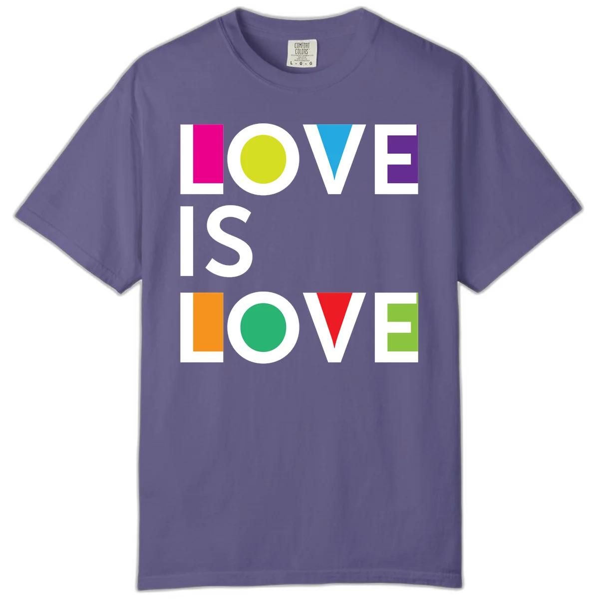 Love is love pride design featuring stacked text with colorful geometric shapes in rainbow colors on gray background in Grape
