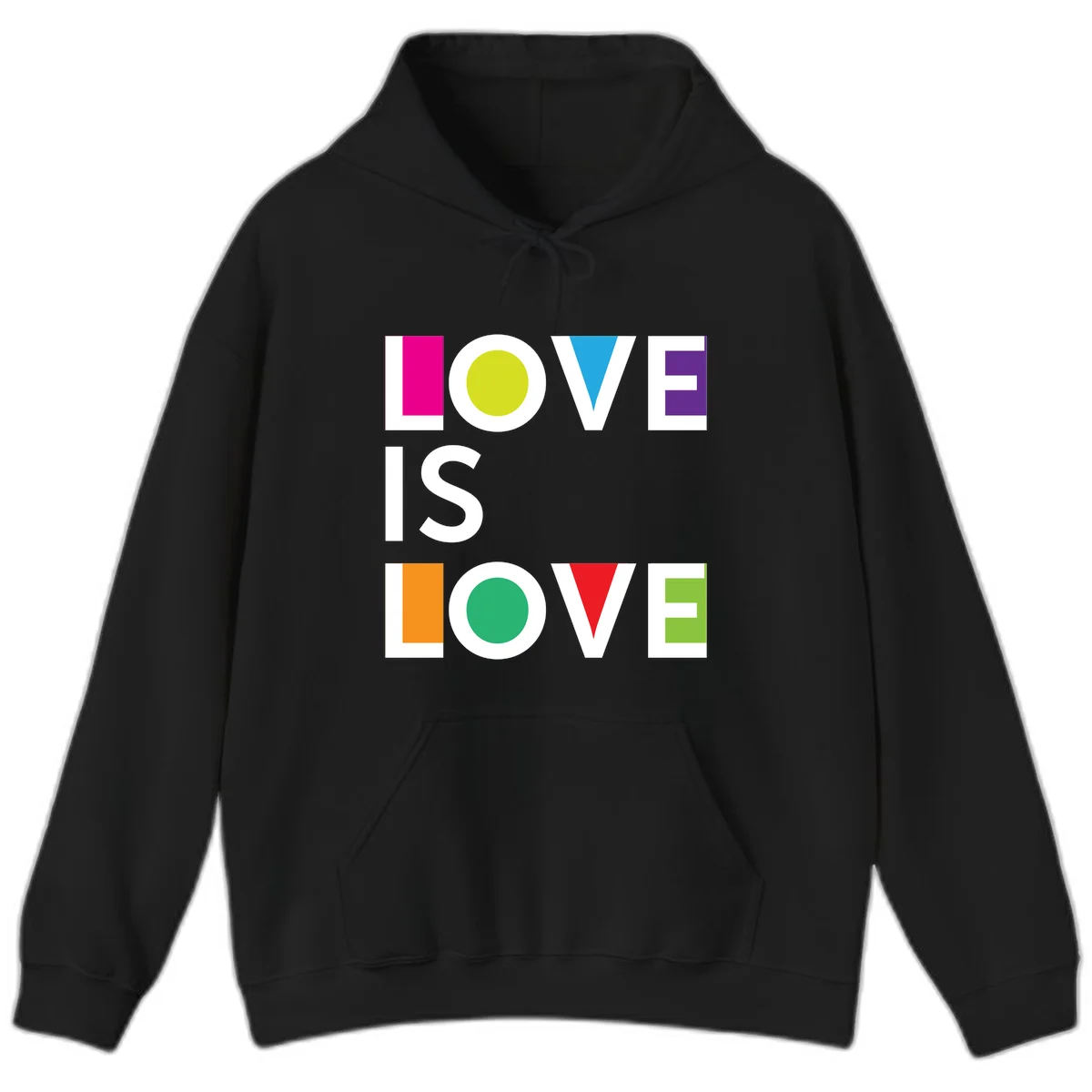 Love is love pride design featuring stacked text with colorful geometric shapes in rainbow colors on gray background in Black