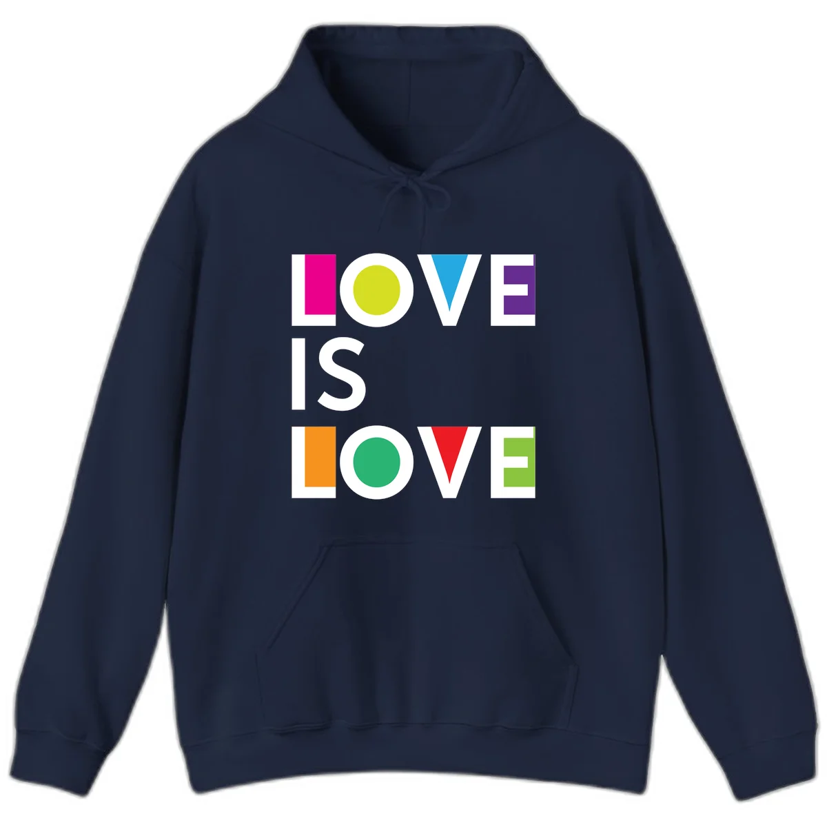 Love is love pride design featuring stacked text with colorful geometric shapes in rainbow colors on gray background in Navy
