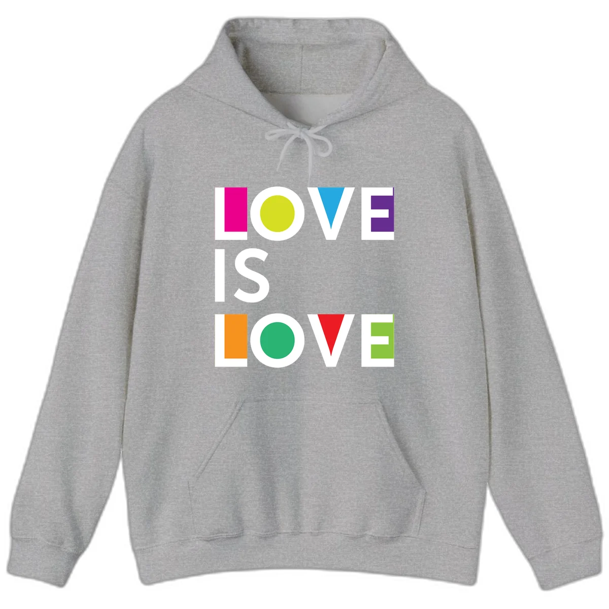 Love is love pride design featuring stacked text with colorful geometric shapes in rainbow colors on gray background in Sport Grey