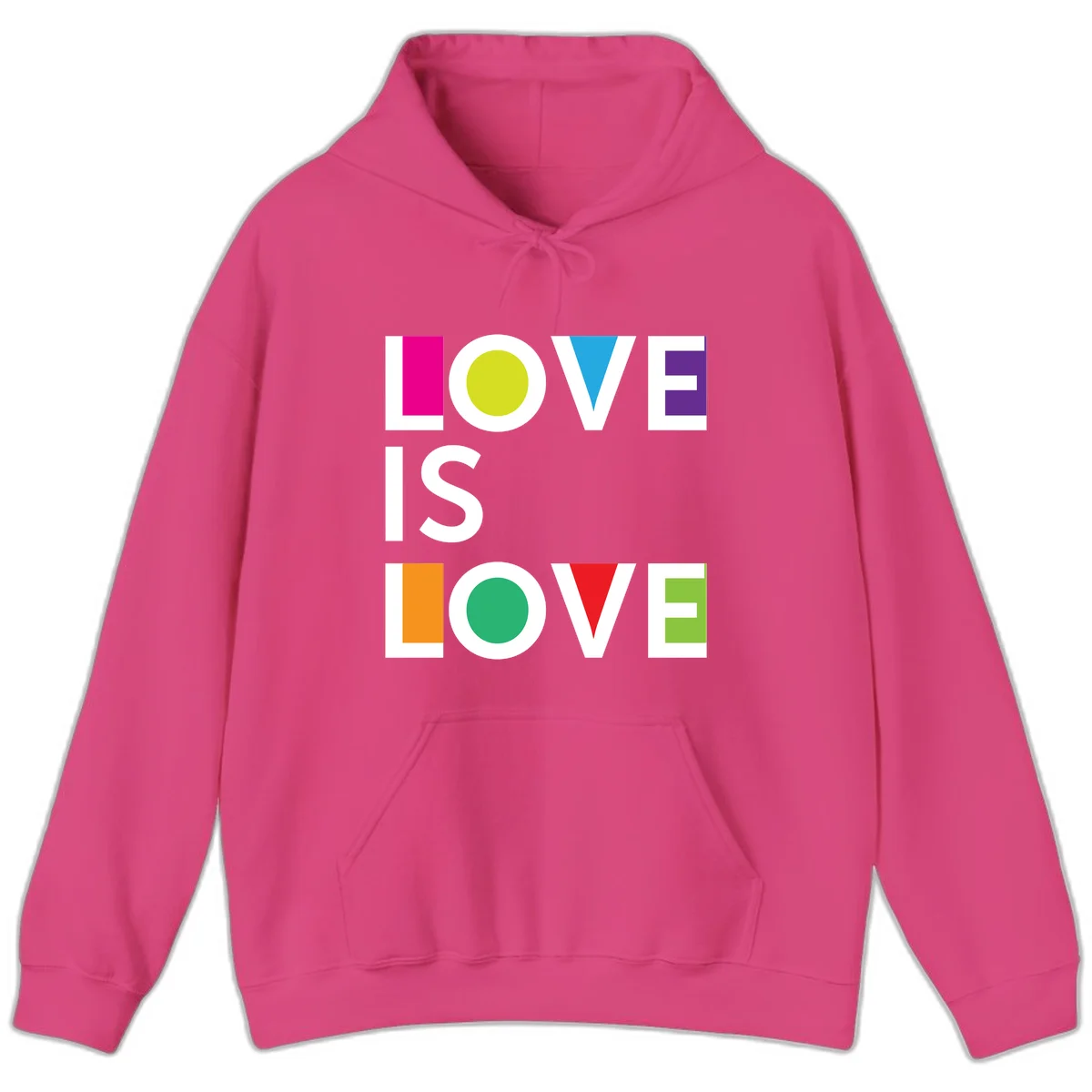 Love is love pride design featuring stacked text with colorful geometric shapes in rainbow colors on gray background in Heliconia