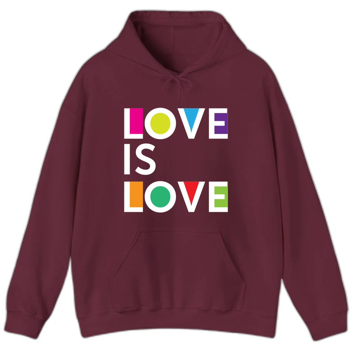Love is love pride design featuring stacked text with colorful geometric shapes in rainbow colors on gray background in Maroon