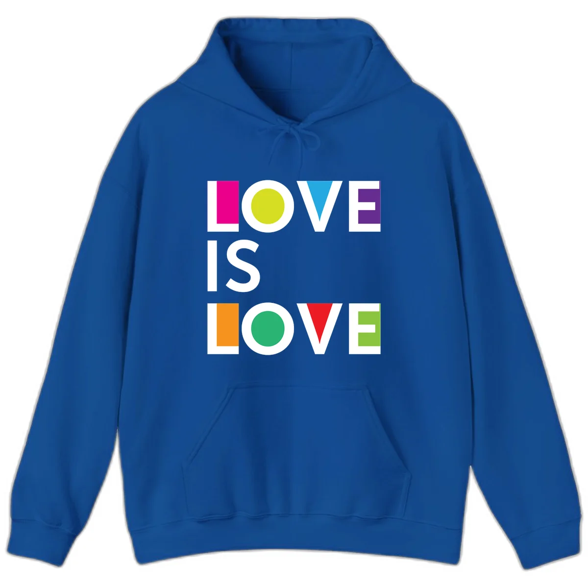 Love is love pride design featuring stacked text with colorful geometric shapes in rainbow colors on gray background in Royal