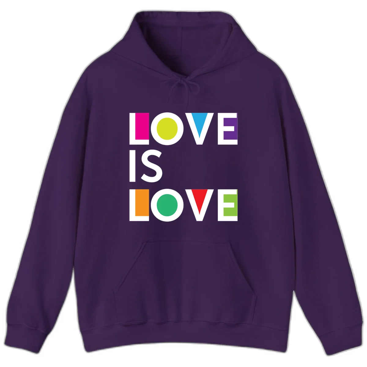 Love is love pride design featuring stacked text with colorful geometric shapes in rainbow colors on gray background in Purple