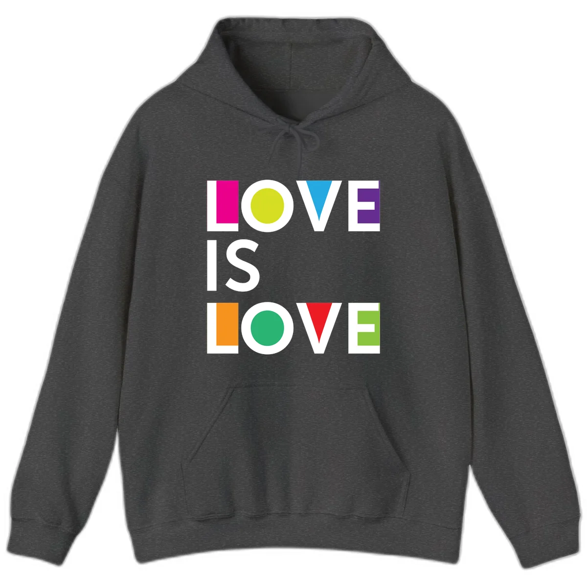 Love is love pride design featuring stacked text with colorful geometric shapes in rainbow colors on gray background in Dark Heather