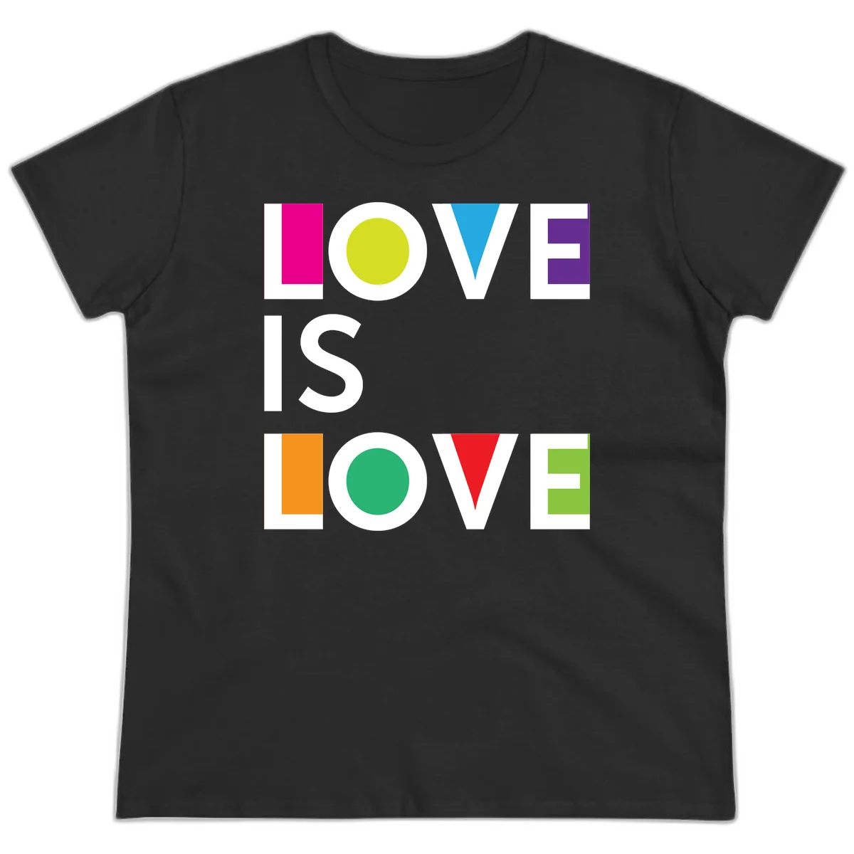 Love is love pride design featuring stacked text with colorful geometric shapes in rainbow colors on gray background in Black