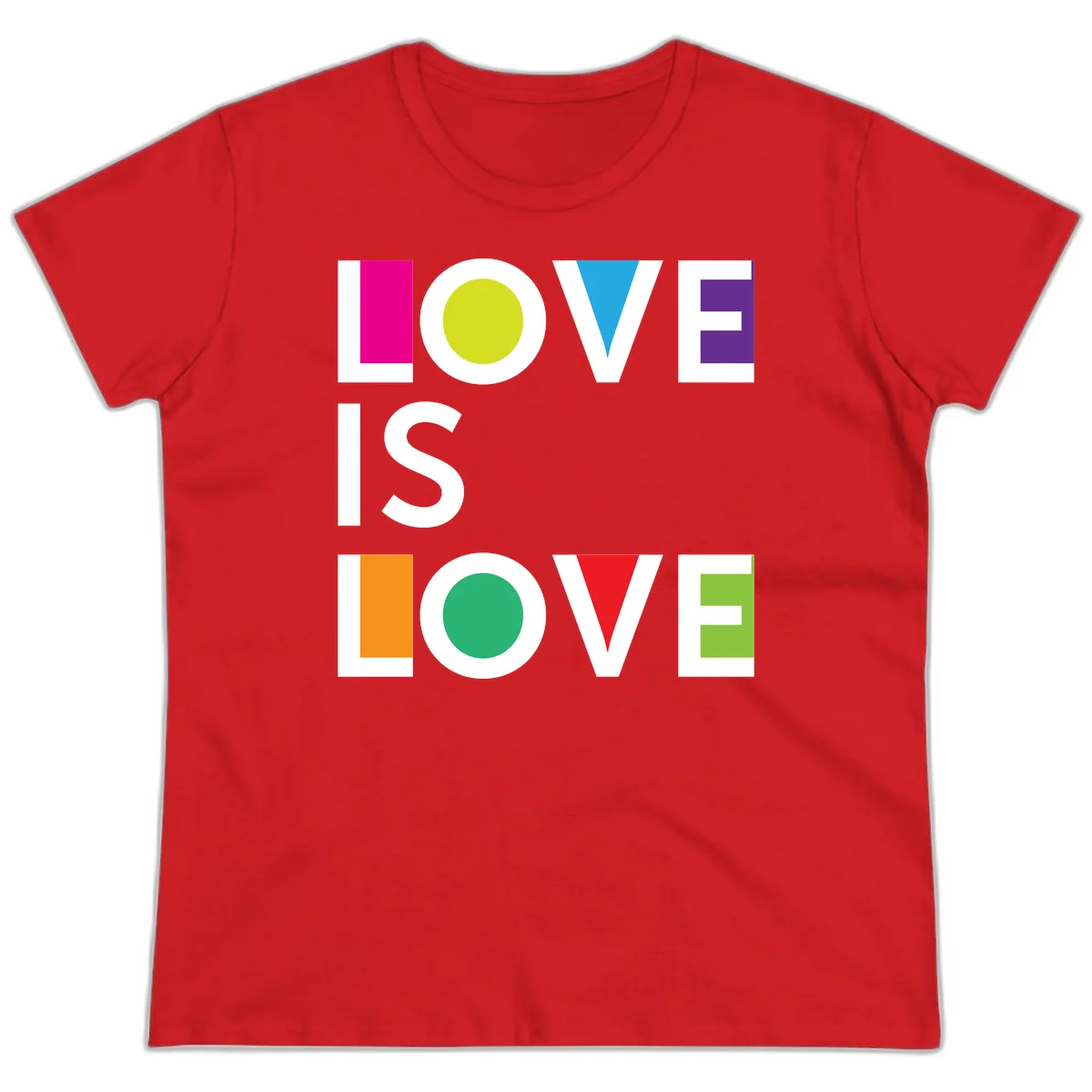 Love is love pride design featuring stacked text with colorful geometric shapes in rainbow colors on gray background in Red