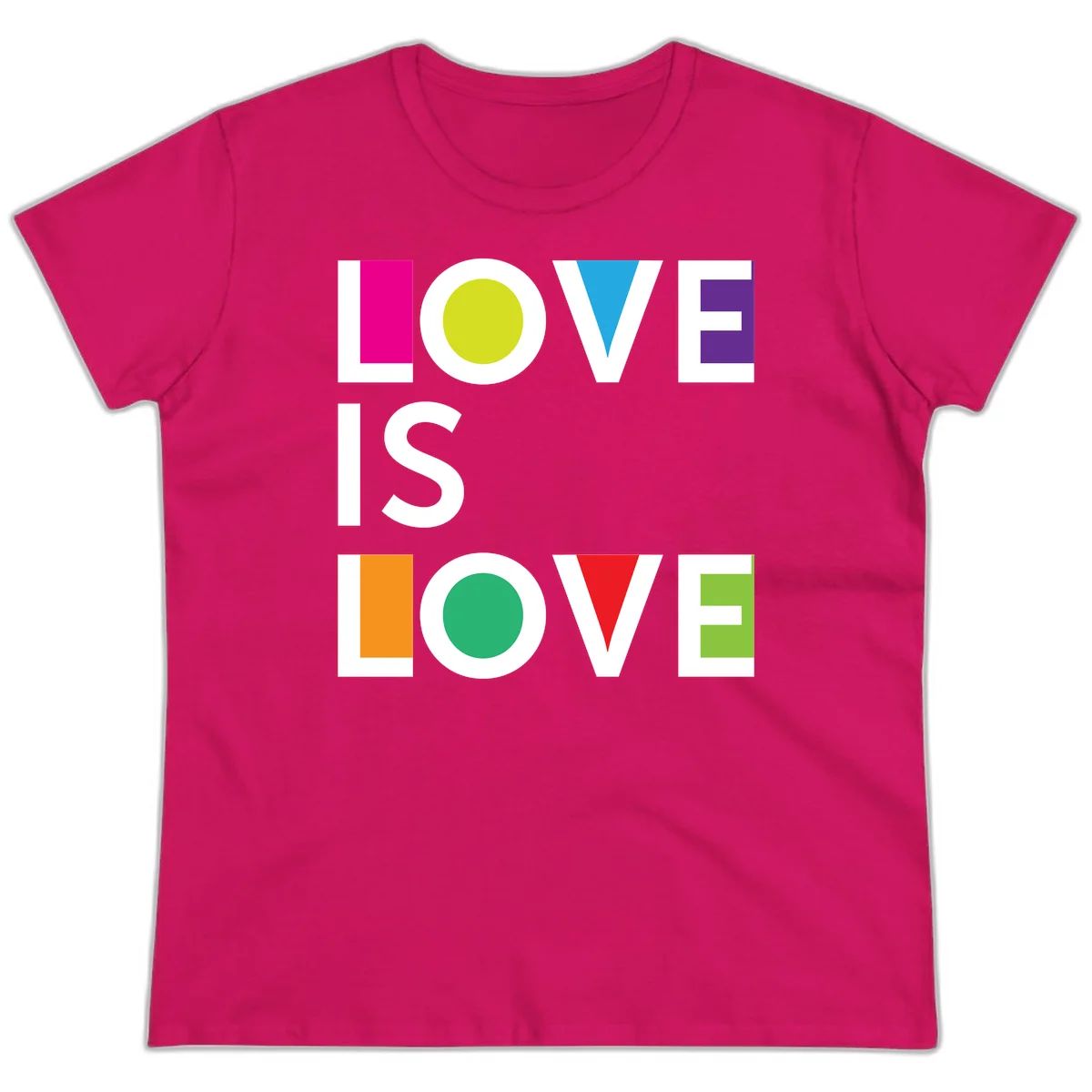 Love is love pride design featuring stacked text with colorful geometric shapes in rainbow colors on gray background in Heliconia