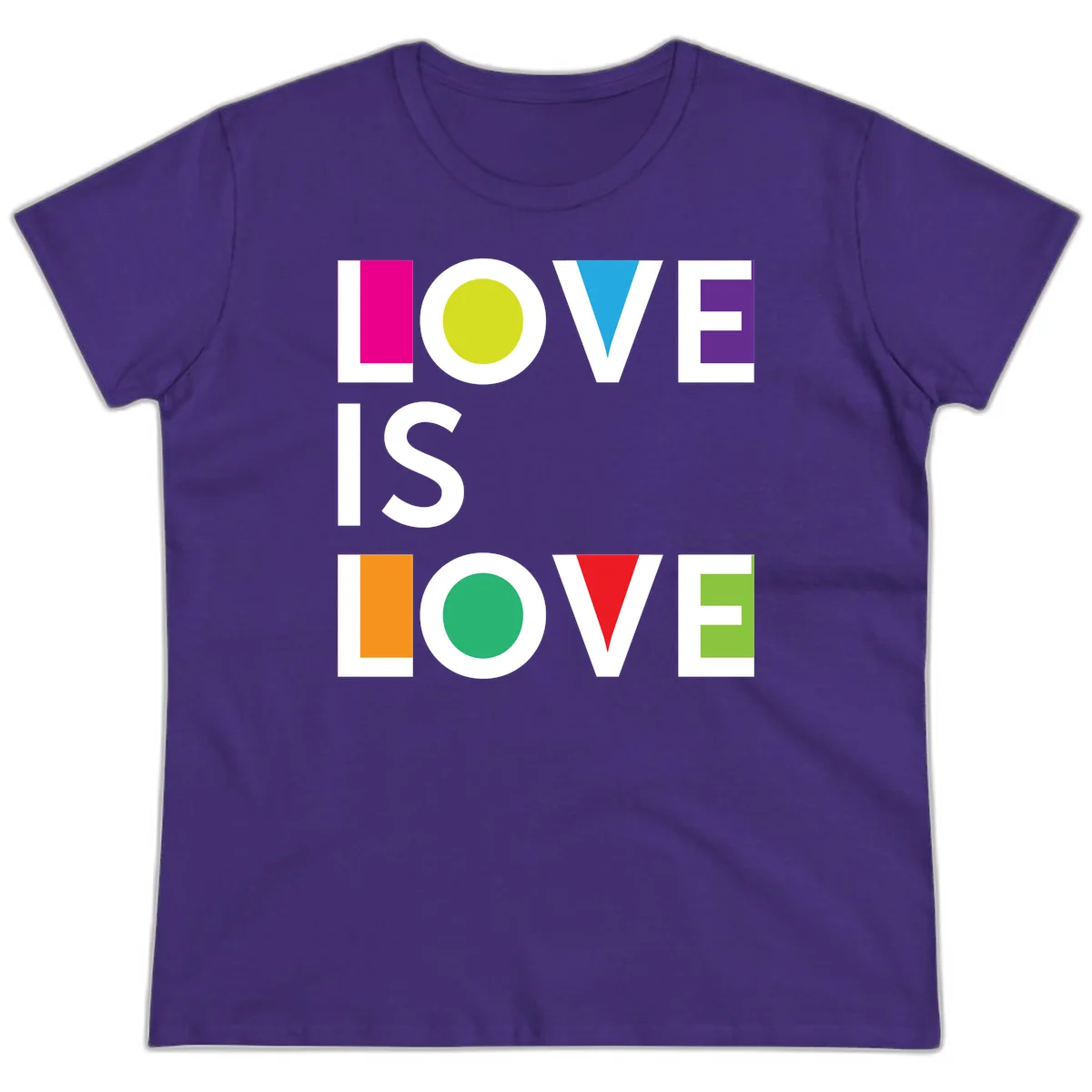 Love is love pride design featuring stacked text with colorful geometric shapes in rainbow colors on gray background in Purple