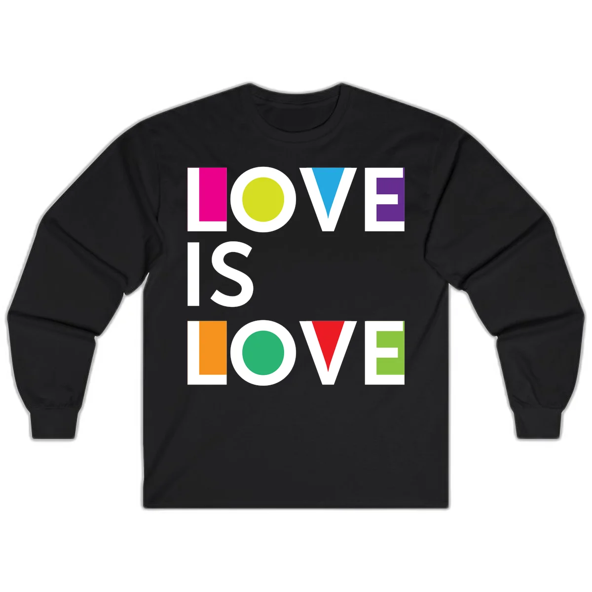 Love is love pride design featuring stacked text with colorful geometric shapes in rainbow colors on gray background in Black