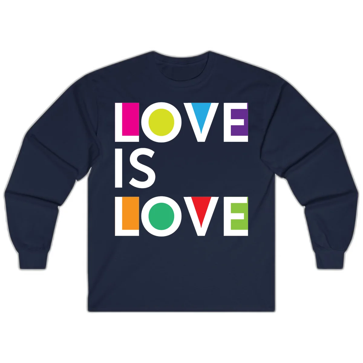 Love is love pride design featuring stacked text with colorful geometric shapes in rainbow colors on gray background in Navy