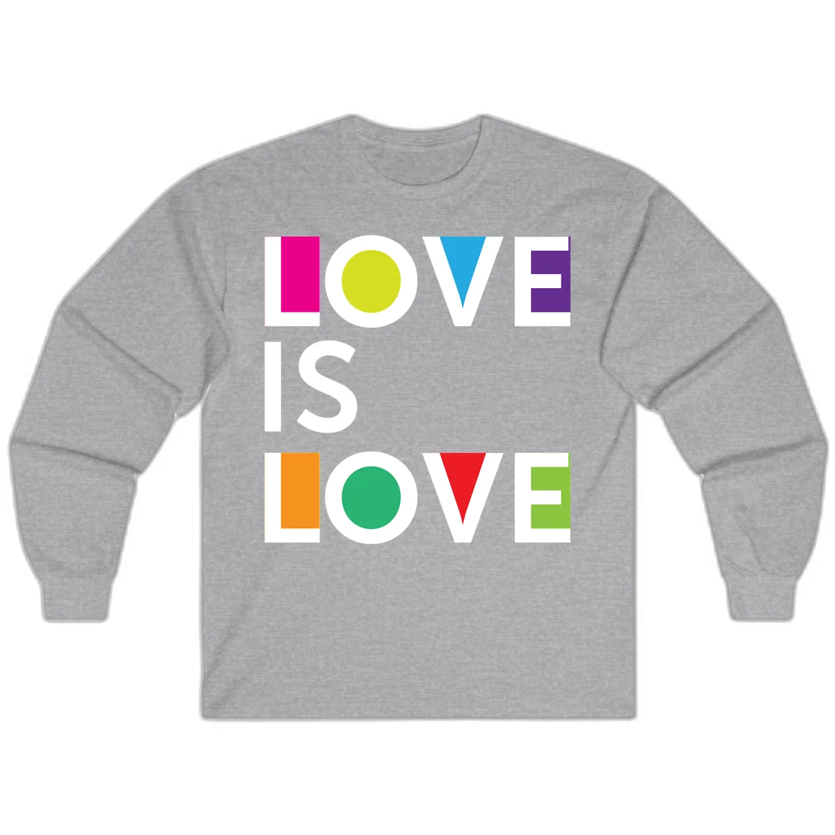 Love is love pride design featuring stacked text with colorful geometric shapes in rainbow colors on gray background in Sport Grey
