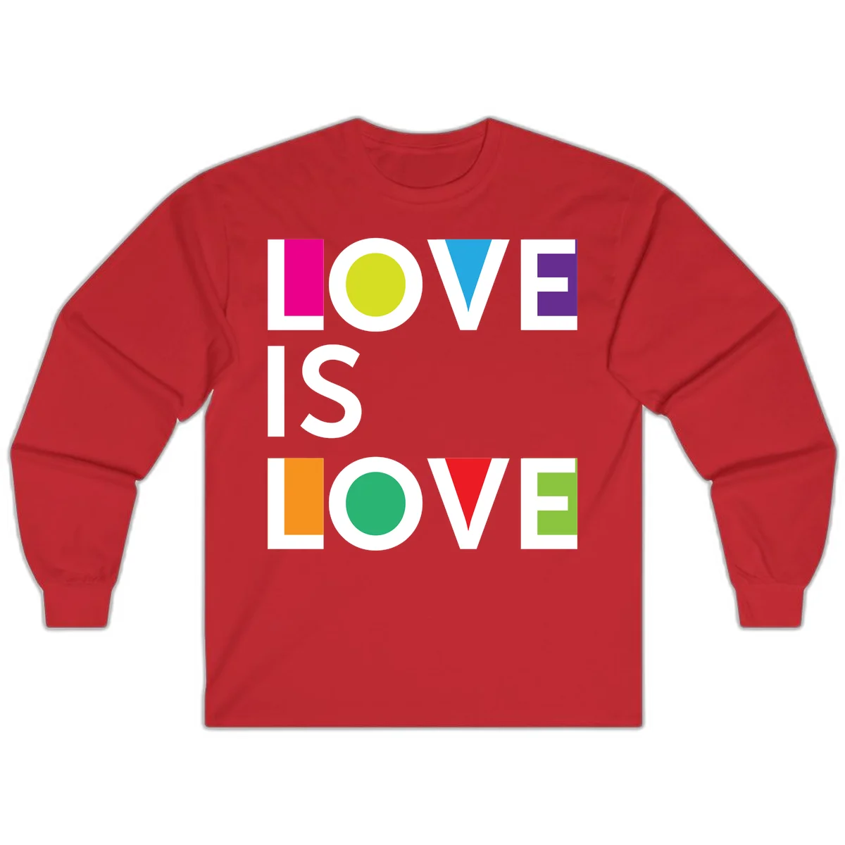 Love is love pride design featuring stacked text with colorful geometric shapes in rainbow colors on gray background in Red