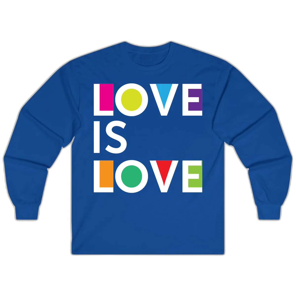 Love is love pride design featuring stacked text with colorful geometric shapes in rainbow colors on gray background in Royal