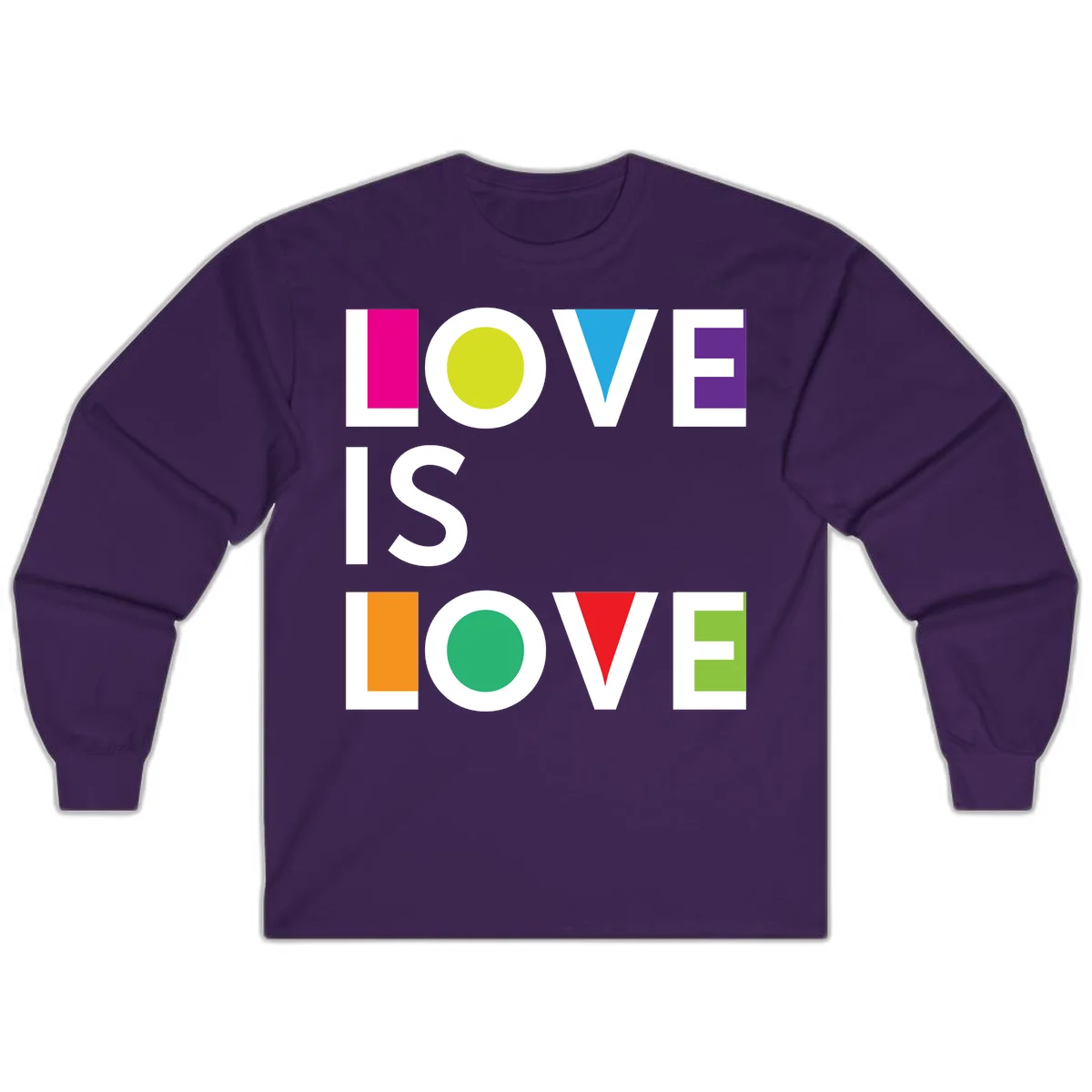 Love is love pride design featuring stacked text with colorful geometric shapes in rainbow colors on gray background in Purple
