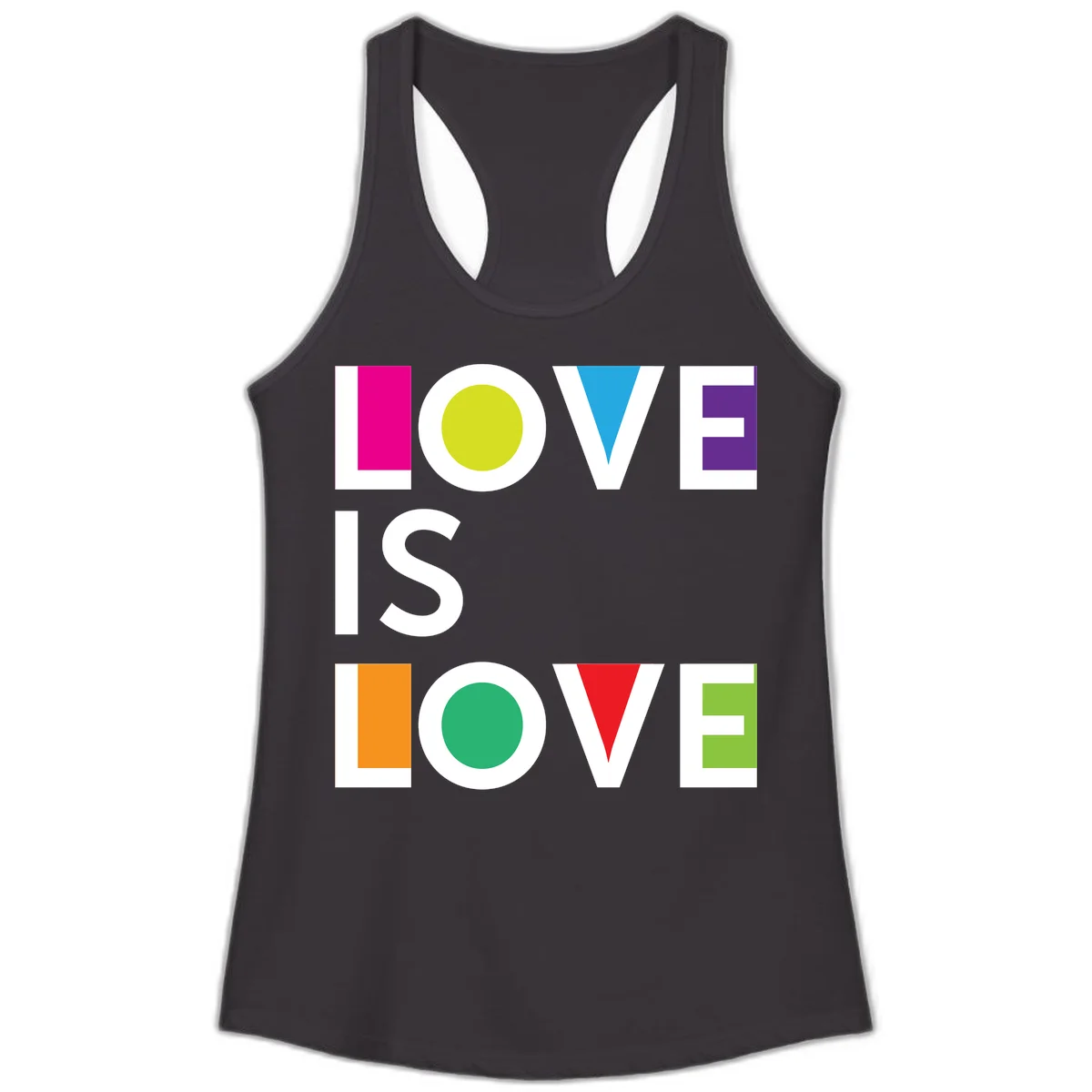Love is love pride design featuring stacked text with colorful geometric shapes in rainbow colors on gray background in Black