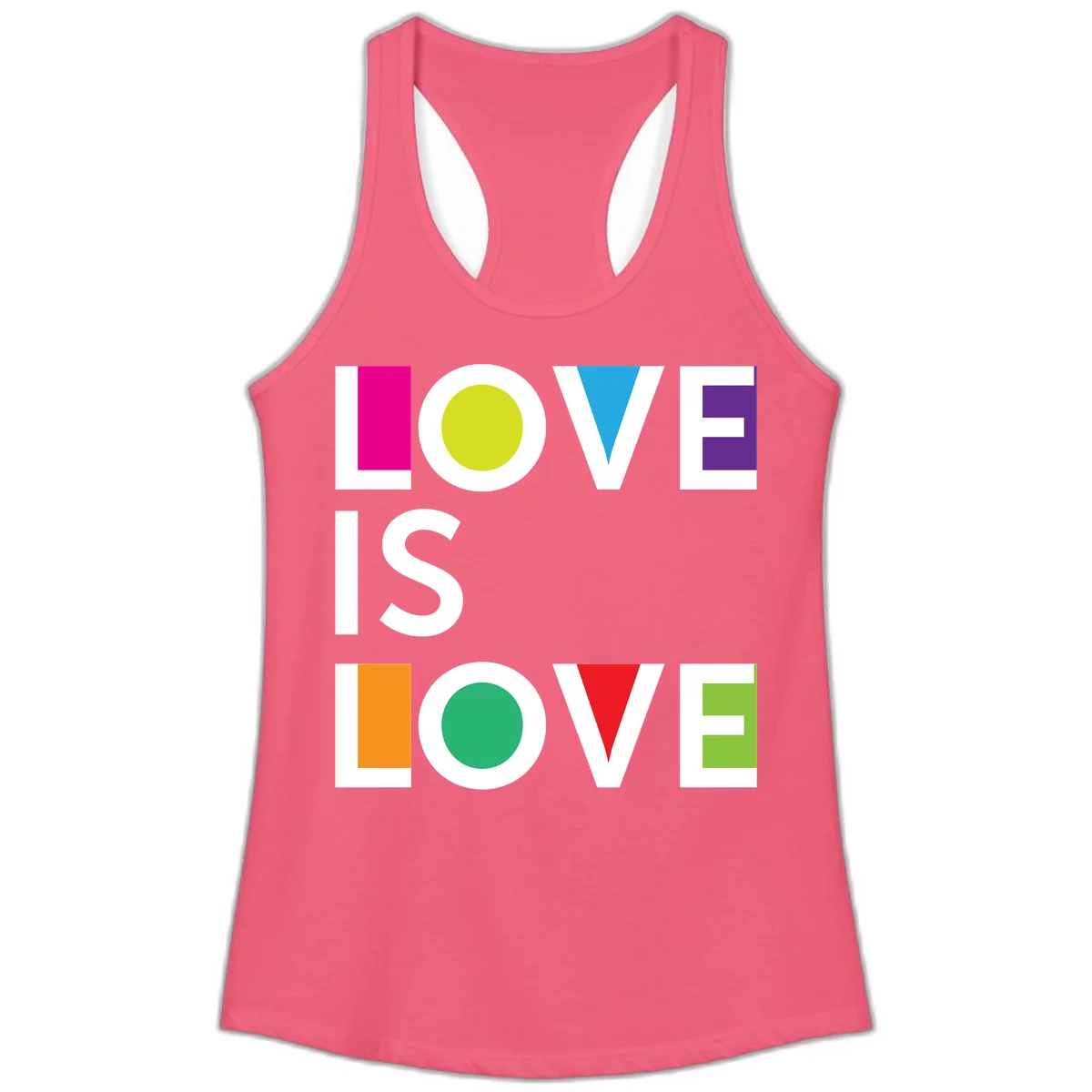 Love is love pride design featuring stacked text with colorful geometric shapes in rainbow colors on gray background in Hot Pink
