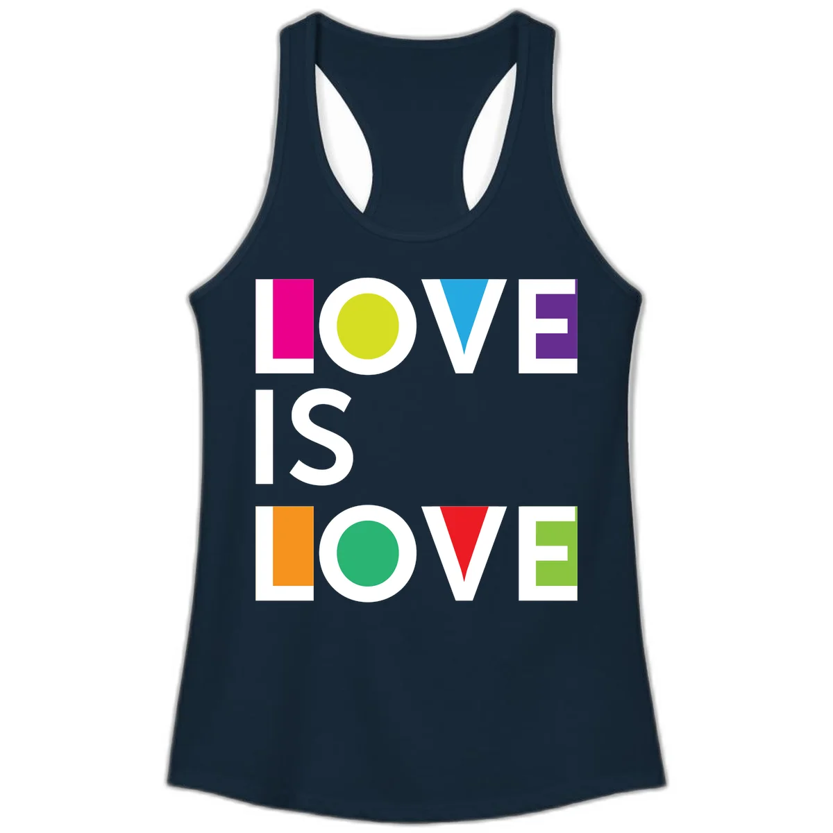 Love is love pride design featuring stacked text with colorful geometric shapes in rainbow colors on gray background in Solid Midnight Navy