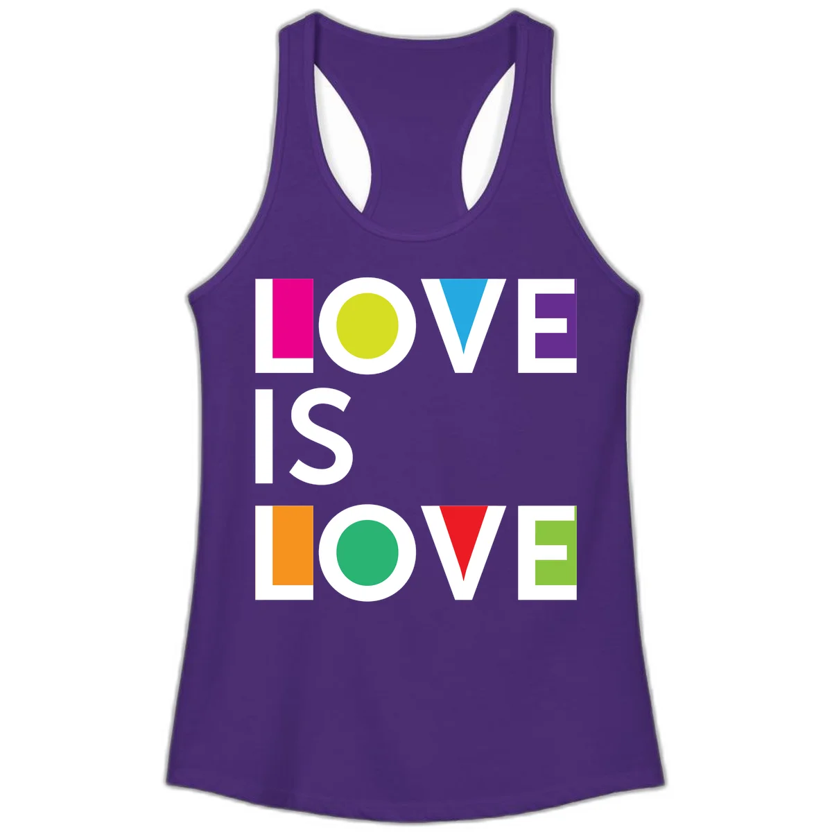 Love is love pride design featuring stacked text with colorful geometric shapes in rainbow colors on gray background in Solid Purple Rush