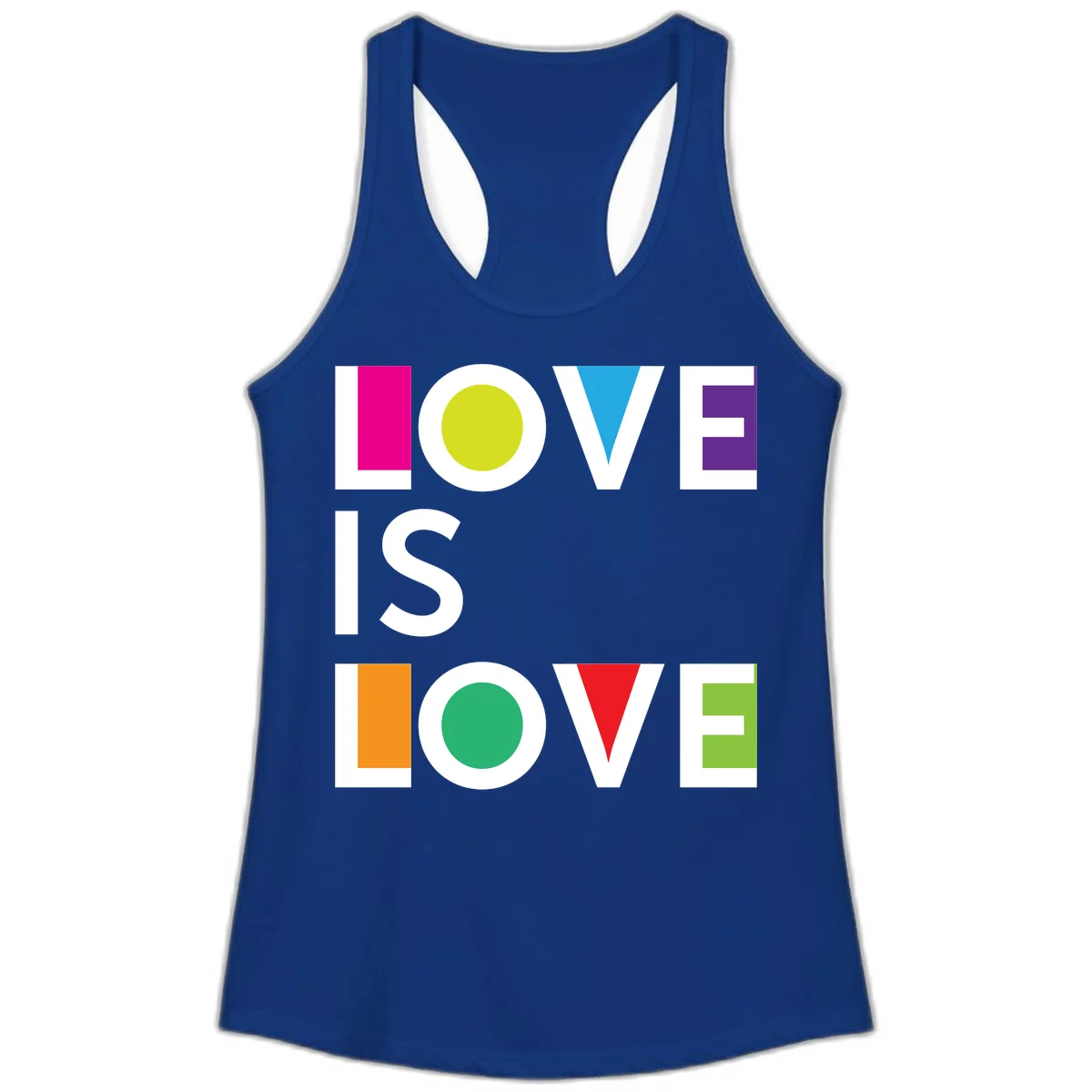 Love is love pride design featuring stacked text with colorful geometric shapes in rainbow colors on gray background in Solid Royal