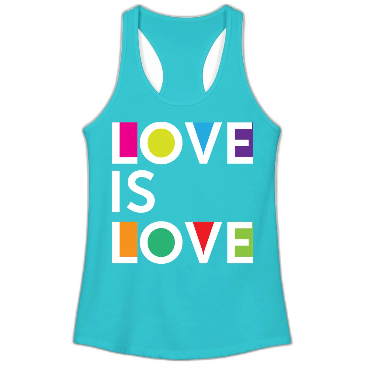 Love is love pride design featuring stacked text with colorful geometric shapes in rainbow colors on gray background in Solid Tahiti Blue