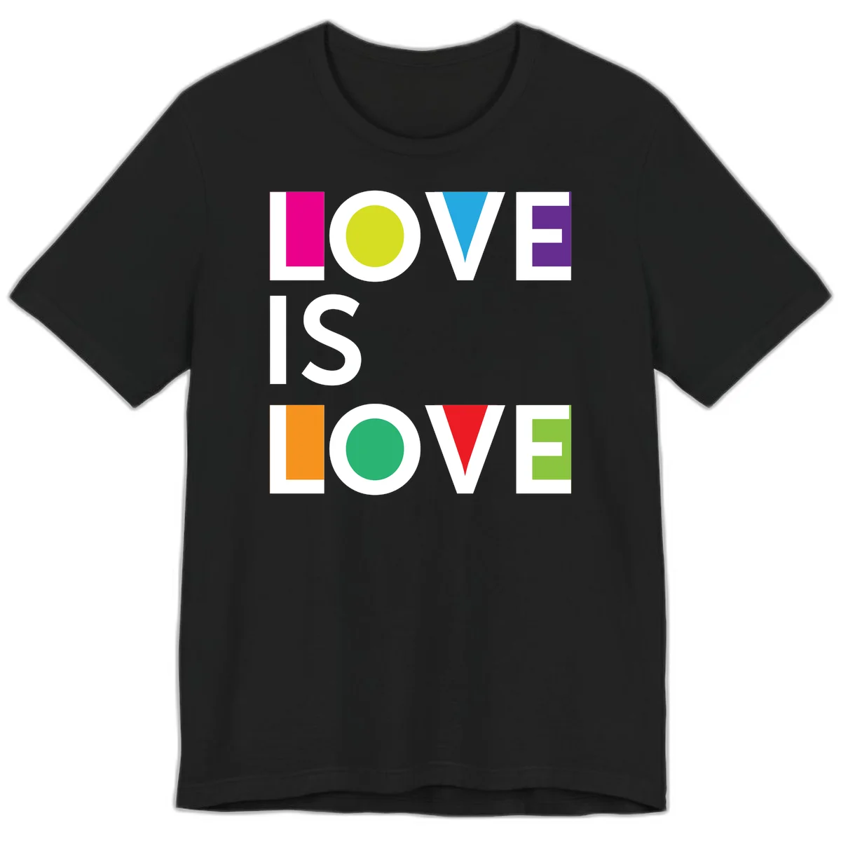 Love is love pride design featuring stacked text with colorful geometric shapes in rainbow colors on gray background in Black