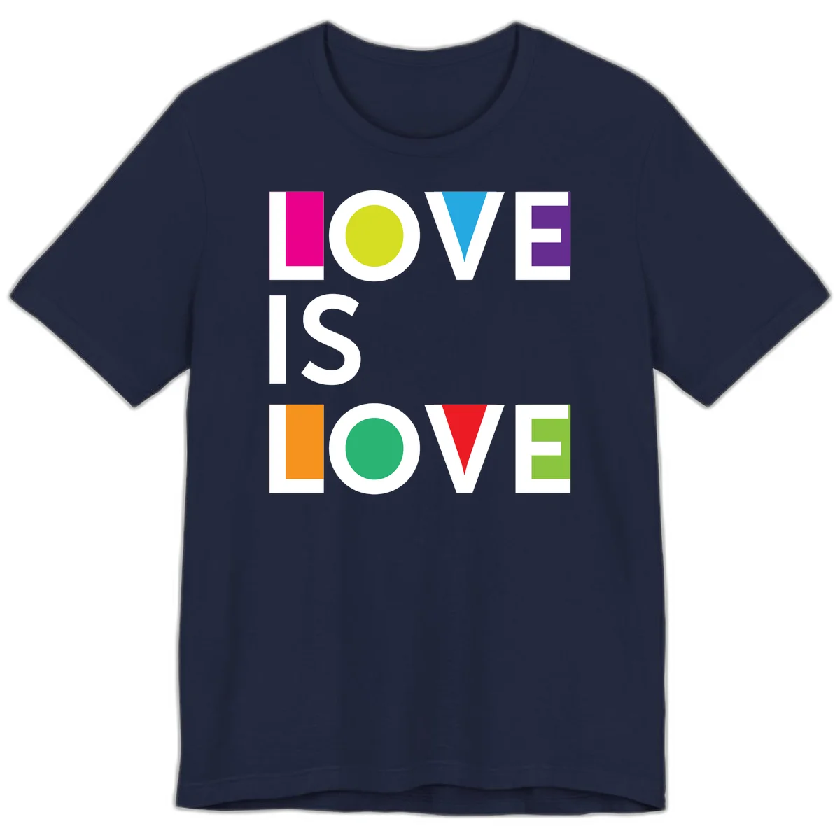 Love is love pride design featuring stacked text with colorful geometric shapes in rainbow colors on gray background in Navy