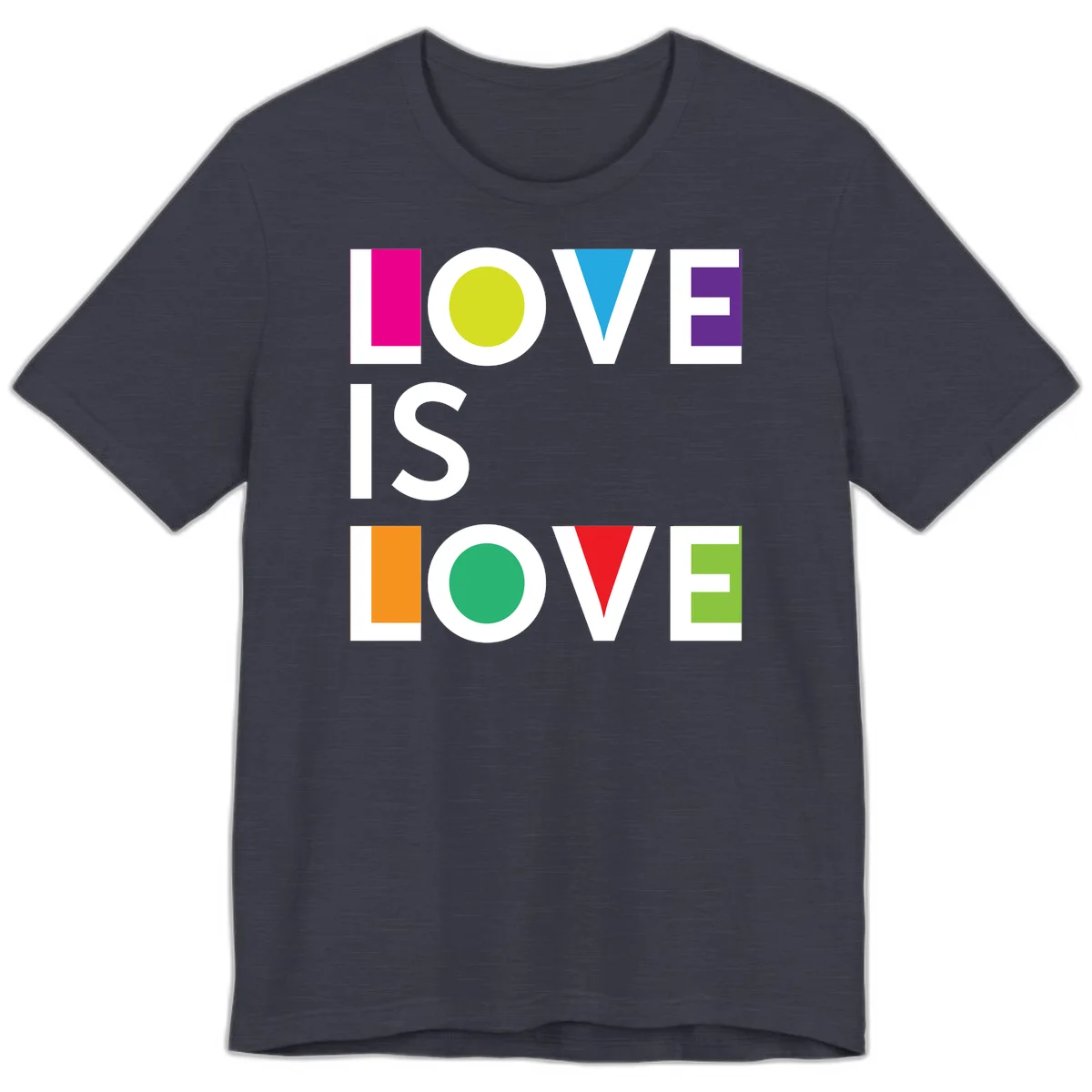 Love is love pride design featuring stacked text with colorful geometric shapes in rainbow colors on gray background in Heather Midnight Navy