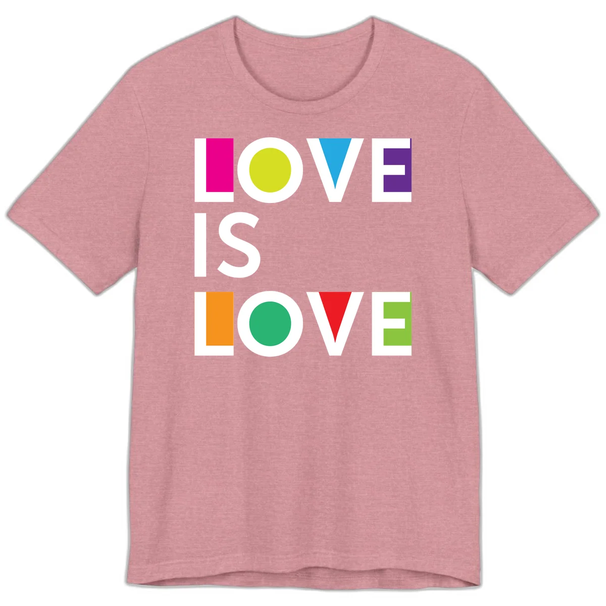 Love is love pride design featuring stacked text with colorful geometric shapes in rainbow colors on gray background in Heather Orchid