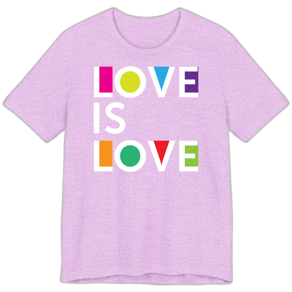 Love is love pride design featuring stacked text with colorful geometric shapes in rainbow colors on gray background in Heather Prism Lilac