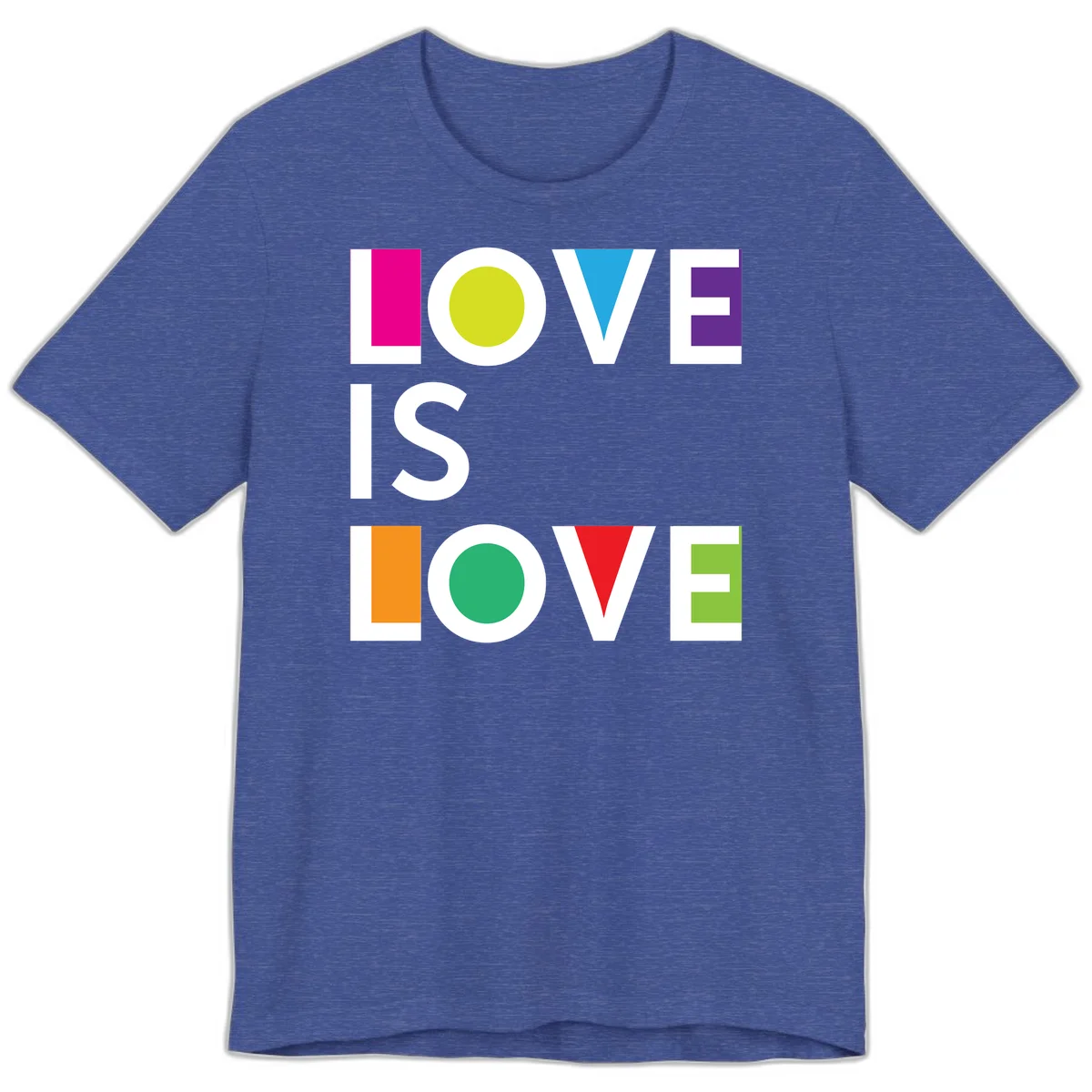 Love is love pride design featuring stacked text with colorful geometric shapes in rainbow colors on gray background in Heather True Royal