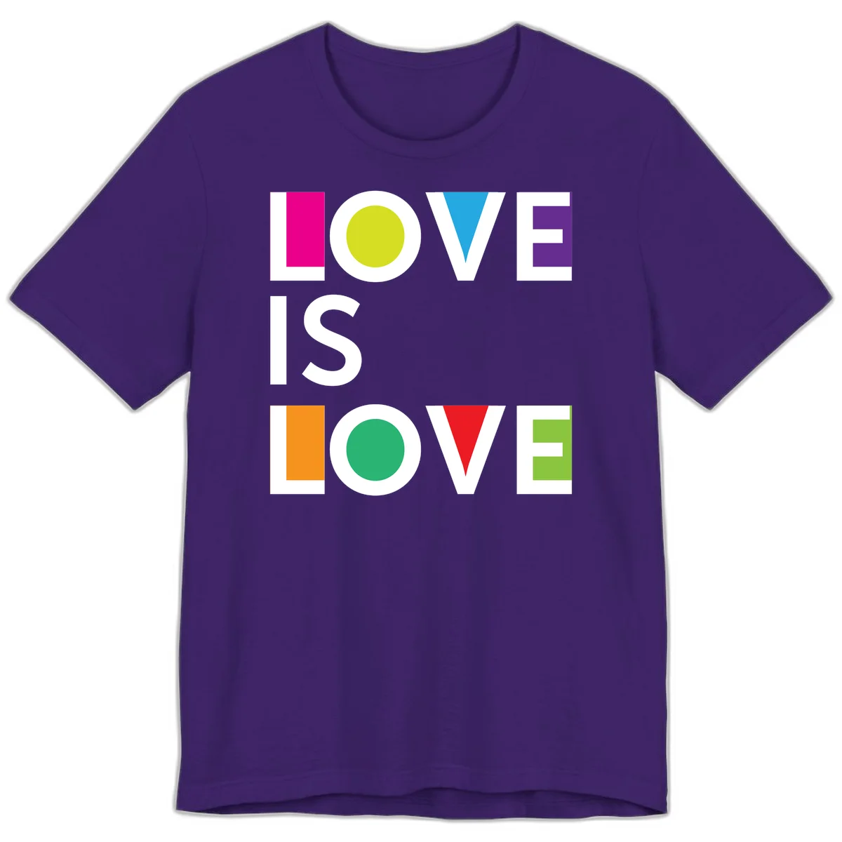 Love is love pride design featuring stacked text with colorful geometric shapes in rainbow colors on gray background in Team Purple