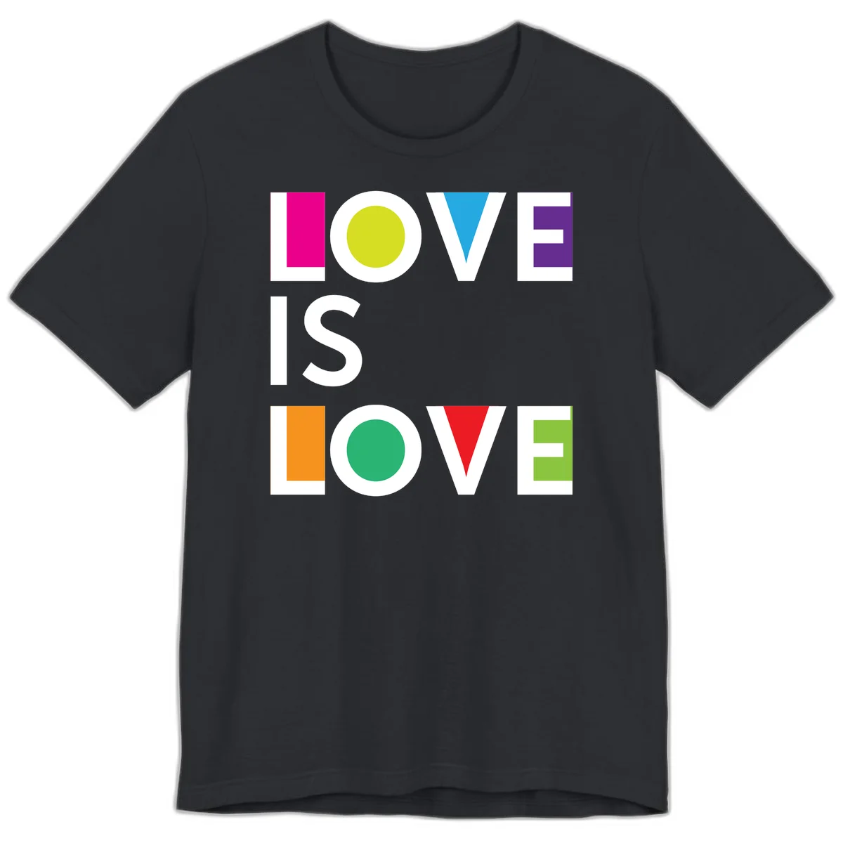 Love is love pride design featuring stacked text with colorful geometric shapes in rainbow colors on gray background in Vintage Black