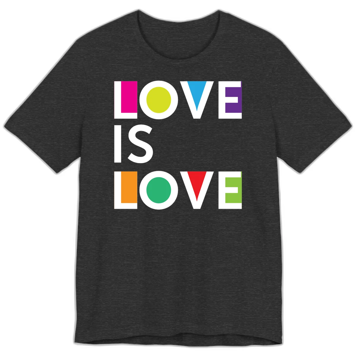 Love is love pride design featuring stacked text with colorful geometric shapes in rainbow colors on gray background in Dark Grey Heather